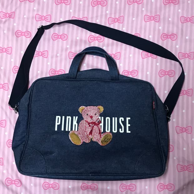 핑크하우스 데님 곰돌이 보스턴백