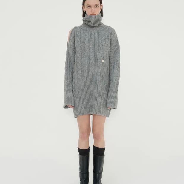 트리밍버드 원숄더 오픈 텍스처 니트 원피스 (블랙)