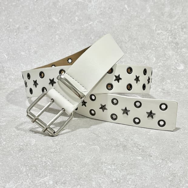 Oribell 별 스터드 아일렛 펀칭 레트로 가죽 벨트 화이트