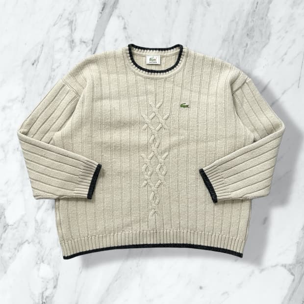 라코스테 베이지 라운드 케이블 니트
