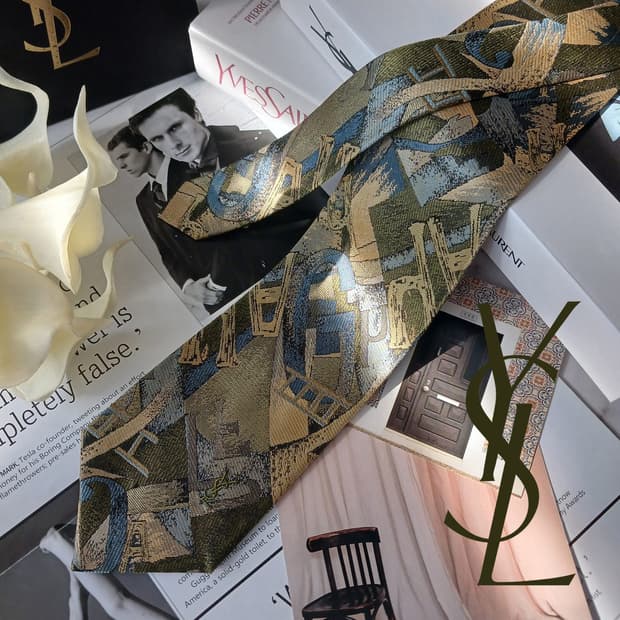 입생로랑 실크 올리브그린 아트 패턴 넥타이 9.0cm A+등급 E743
