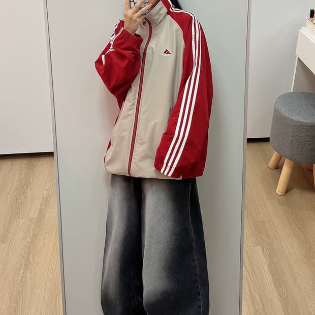 아디다스 90s 자수로고 버건디 베이지 올드스쿨 바람막이