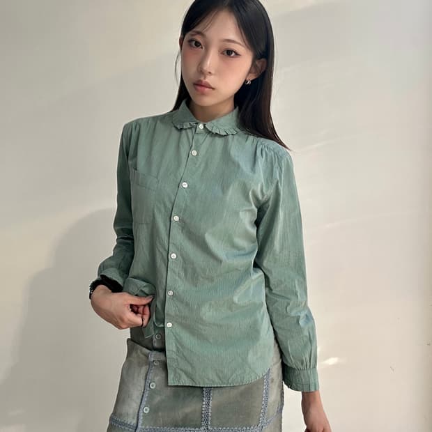 마가렛호웰 민트 스트라이프 프릴 긴팔 셔츠