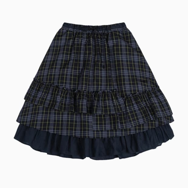 오헤시오 체크 프릴 미디 스커트 네이비