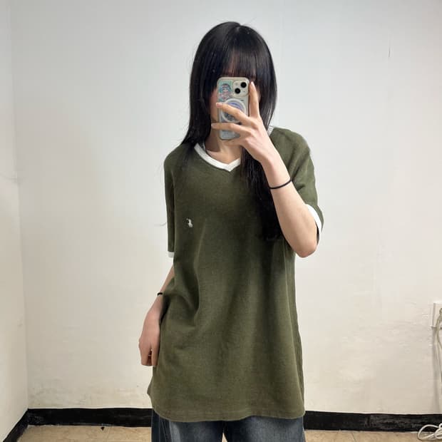 Polo khaki V-neck waffle knit tee