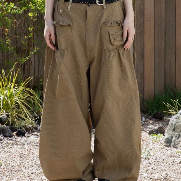 루나키후 사키 프릴 시어서커 와이드 팬츠