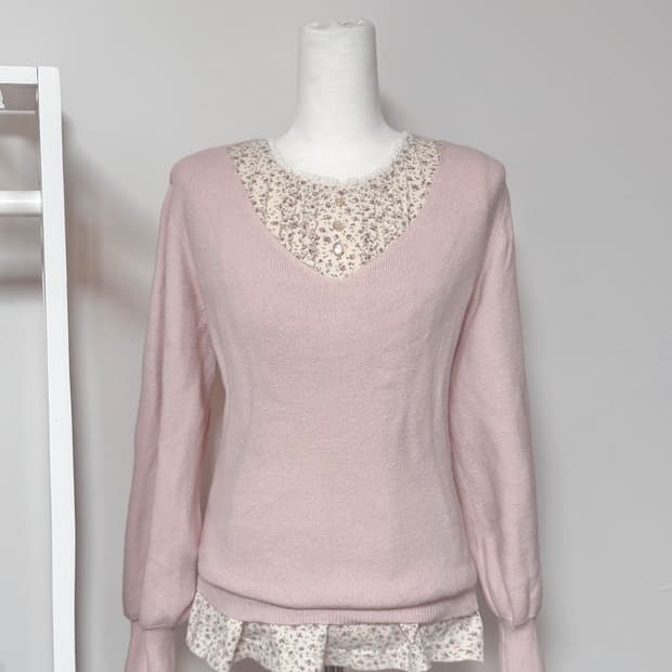 일본빈티지 모리걸 핑크 플라워 레이어드 세트