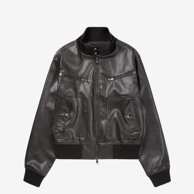 택O) 아캄 High-Neck Leather Jacket (Brown)