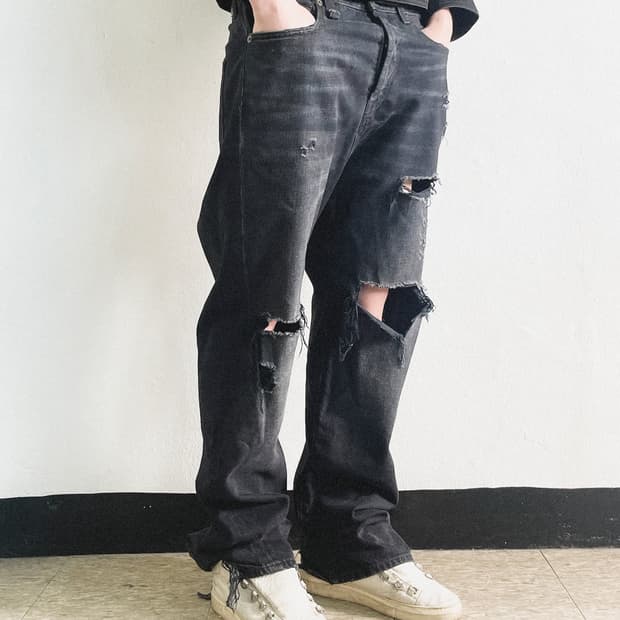R13 디스트로이드 그런지 워시드 와이드 데님팬츠
