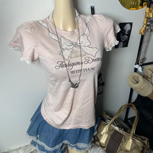 빈티지 리본 연핑크 반팔 티셔츠