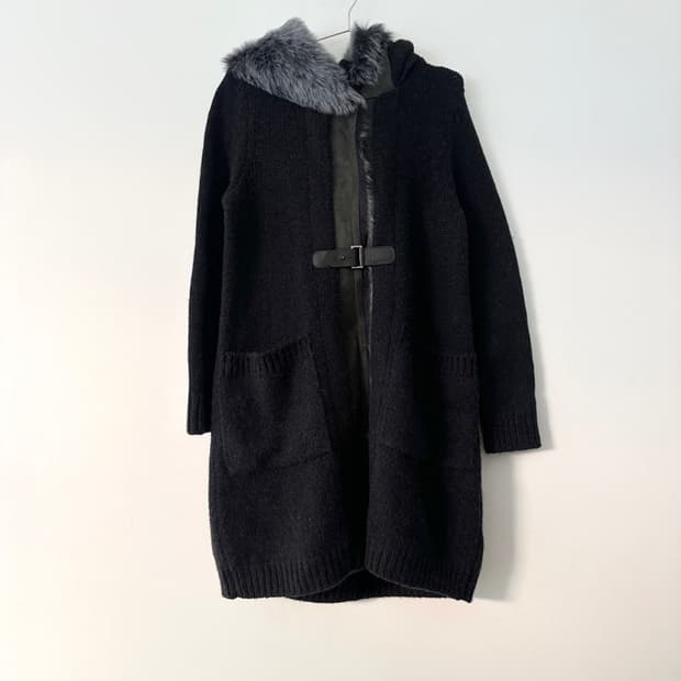 Leather mix buckle hoody cardigan / navy