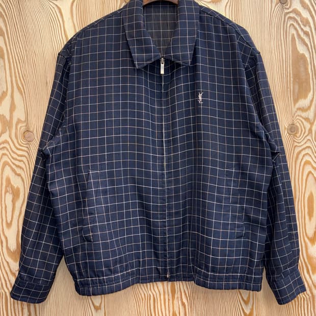 입생로랑 린넨 체크 블루종 자켓 