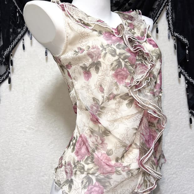 오리엔탈 페어리 모리 플라워 프릴 블라우스 나시 로걀탑 로맨틱갸루 핀터