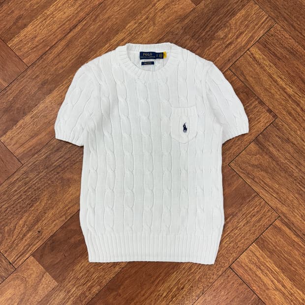 여성용 S 폴로 랄프로렌 화이트 케이블 라운드 반팔 니트 