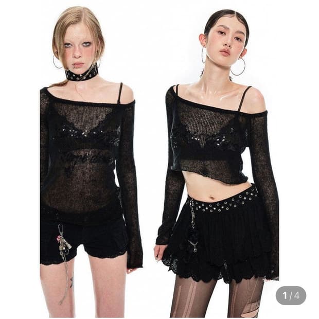 원진 스튜디오 시스루 오프숄더 스팽글 니트 구해요