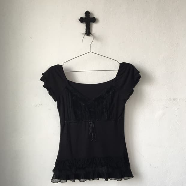 Fur trimming frill t shirt