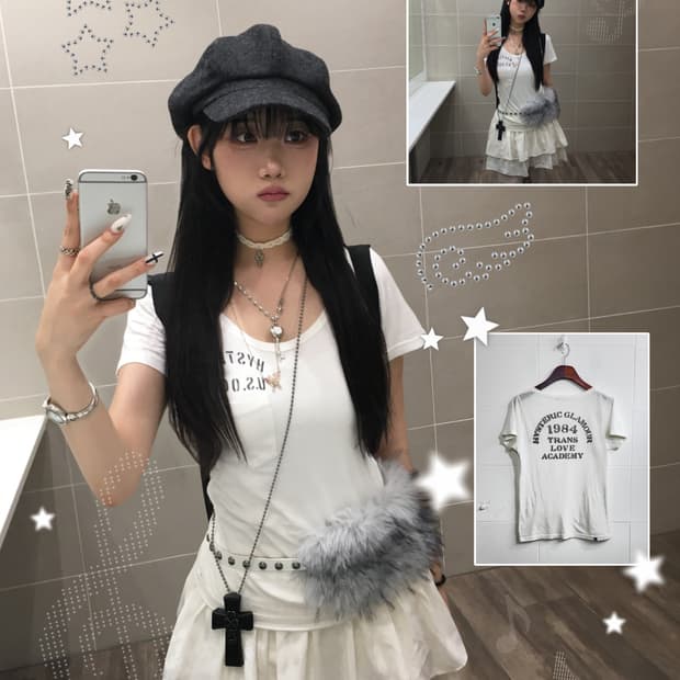 히스테릭글래머 화이트 로고 프린팅 유넥 반팔티