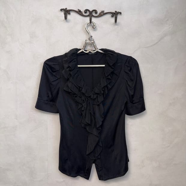 Black ruffle geek chic button blouse 