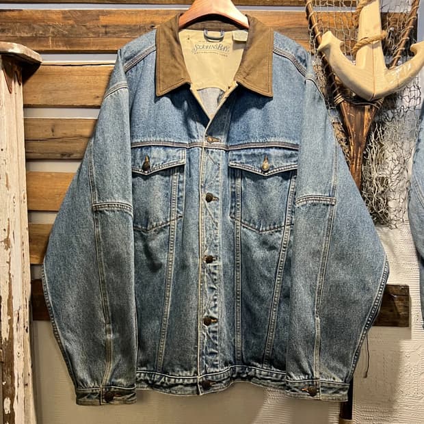 [2XL]90's USA 빈티지 리얼 레더 카라 데님 트러커 자켓
