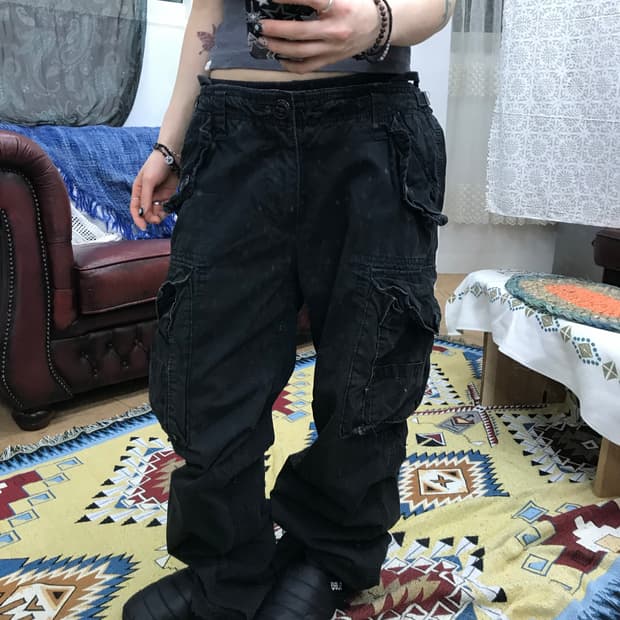 후아유 빈티지 블랙 카고팬츠 