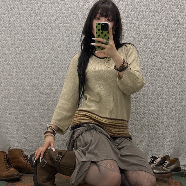 빈티지 오리엔탈 에스닉 뜨개 스트라이프 콩버튼 니트 K0108