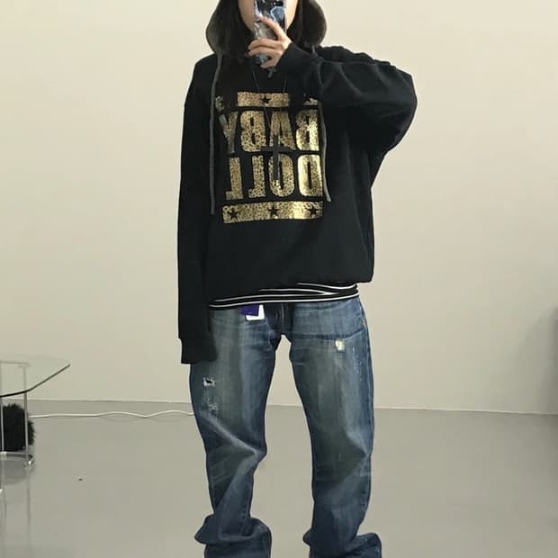 베이비돌 블랙 프린팅 맨투맨