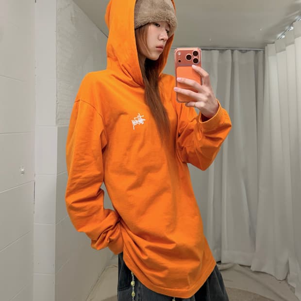 스투시 오렌지 코튼 오버핏 후드티 롱슬리브