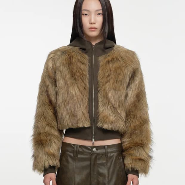 Nache HOODIE CROP FUR JACKET KHAKI BROWN