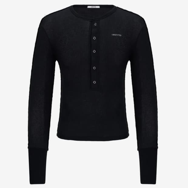 Henley Neck Waffle Slim T-shirt_[Black]