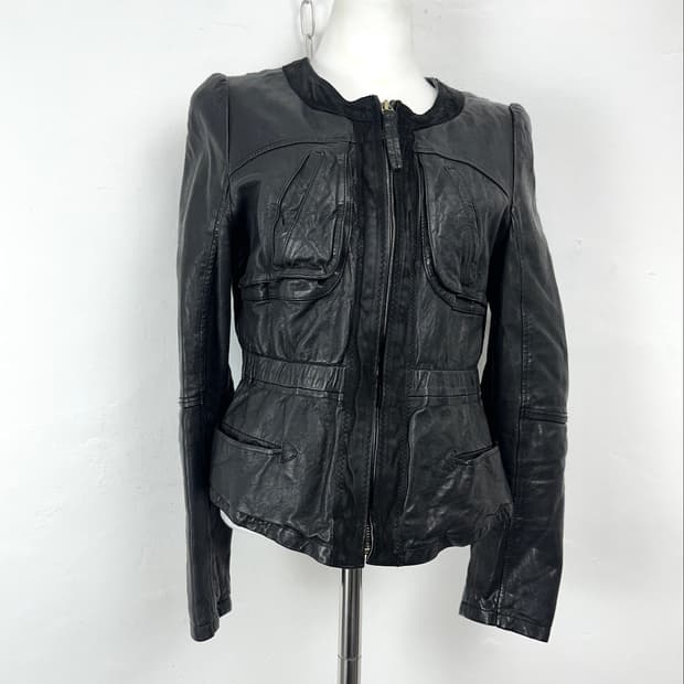 Lamb Leather Collarless Zip Jacket