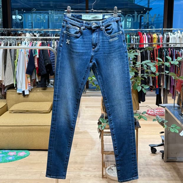 오프화이트 데님 스트레치 스키니 팬츠 