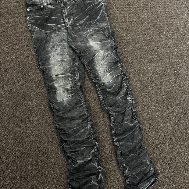 OS)재패니즈 빈티지 워시드 흑청 셔링 데님팬츠