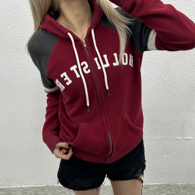 홀리스터 그레이 배색 센터로고 와인 후드집업 M