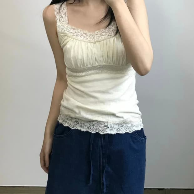 빈티지 모리걸 하구미 페어리 아이보리 레이스 셔링 나시