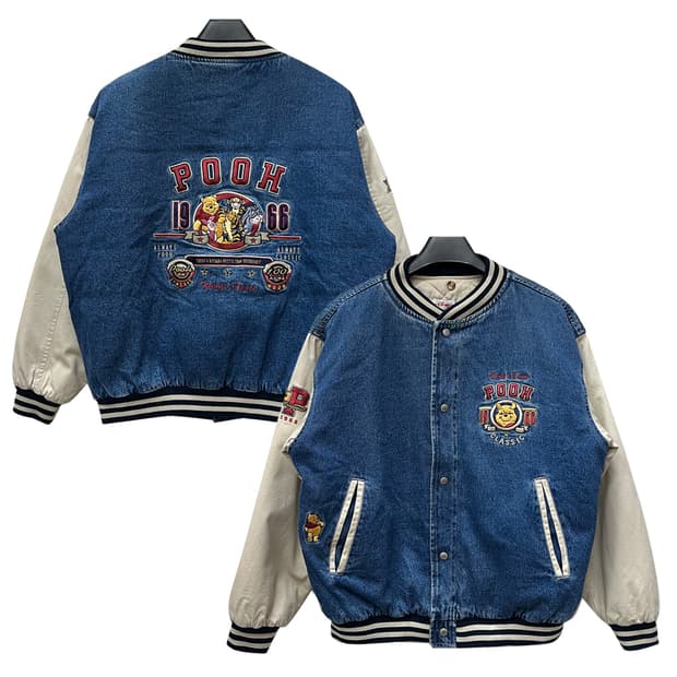 90s 디즈니 곰돌이 푸우 데님 바시티 스타디움 자켓 해외 M