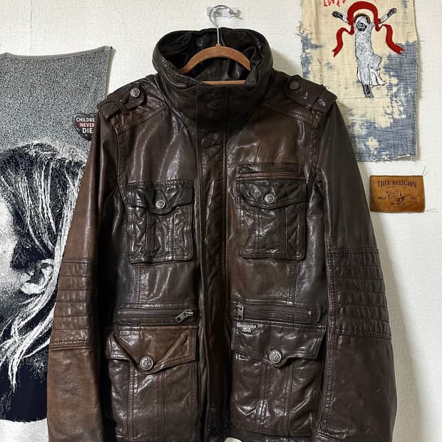 버커루 램스킨 하이넥 빈티지 선페이디드 레더자켓