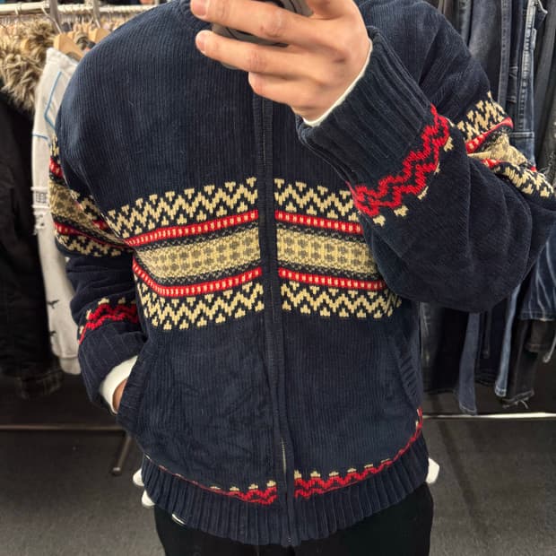 M)Japanese vintage 패턴 네이비 코듀로이 니트집업