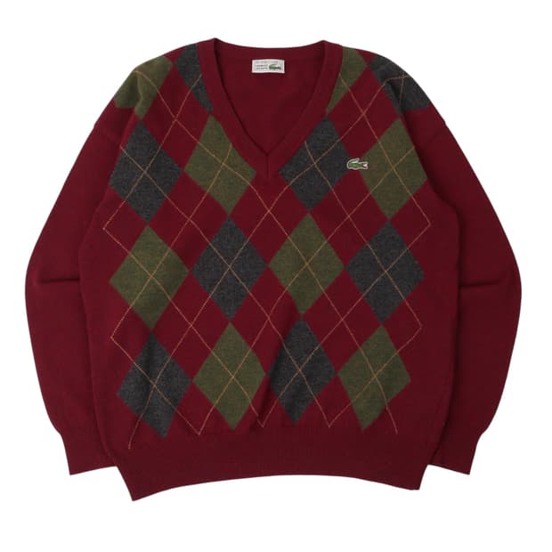 라코스테 레드 아가일 브이넥 니트