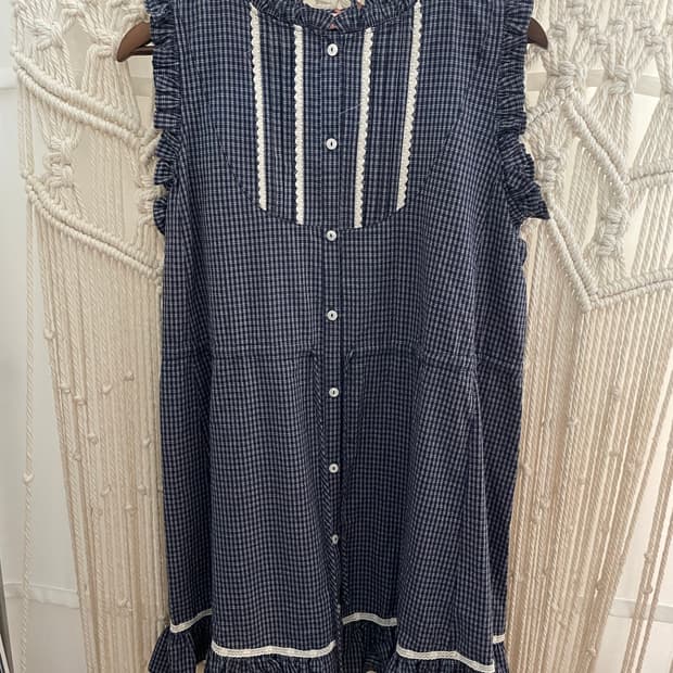 네이비 체크 레이스 프릴 원피스