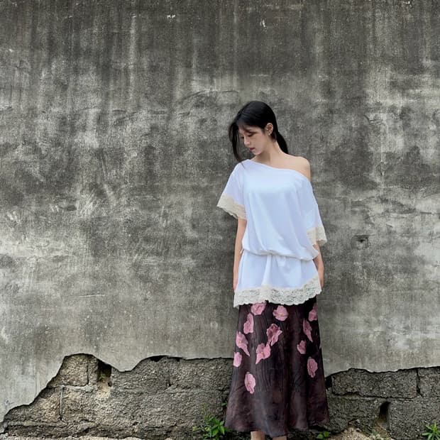 Bambi floral silk skirt / brown & pink