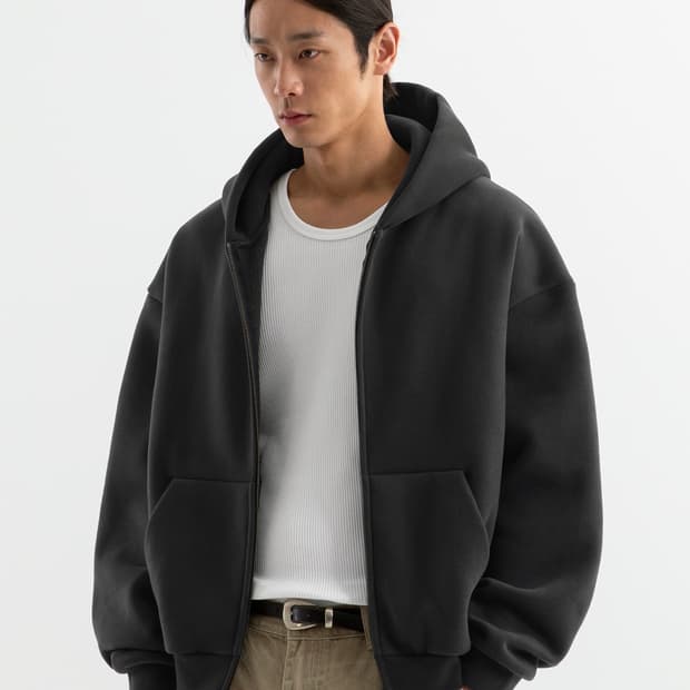 [XL] 브렌슨 코지 오버핏 크롭 기모 후드집업 차콜