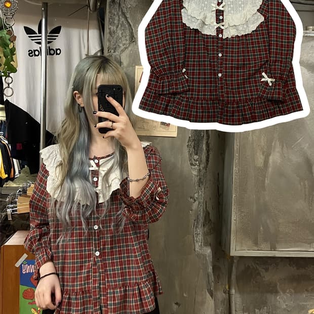 빈티지 체크 레이스 블라우스 레드 M  #csz818