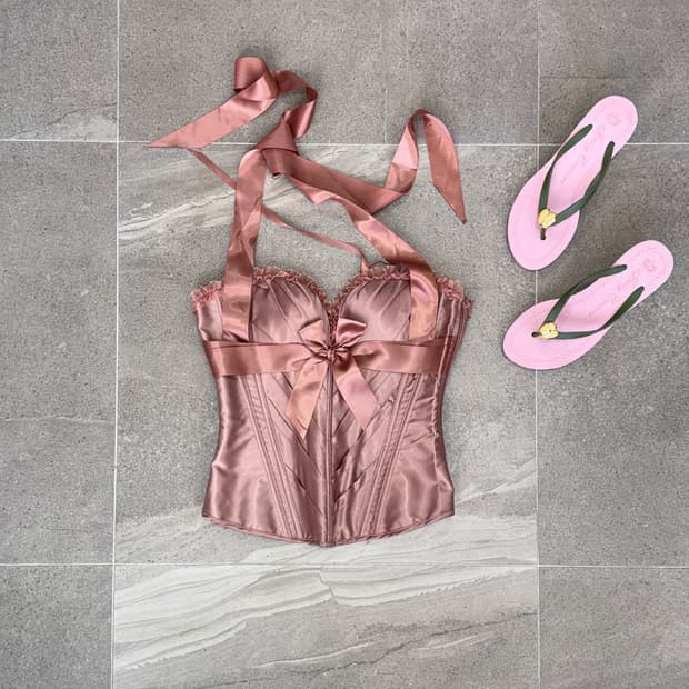 Rose pink satin ribbon halter corset