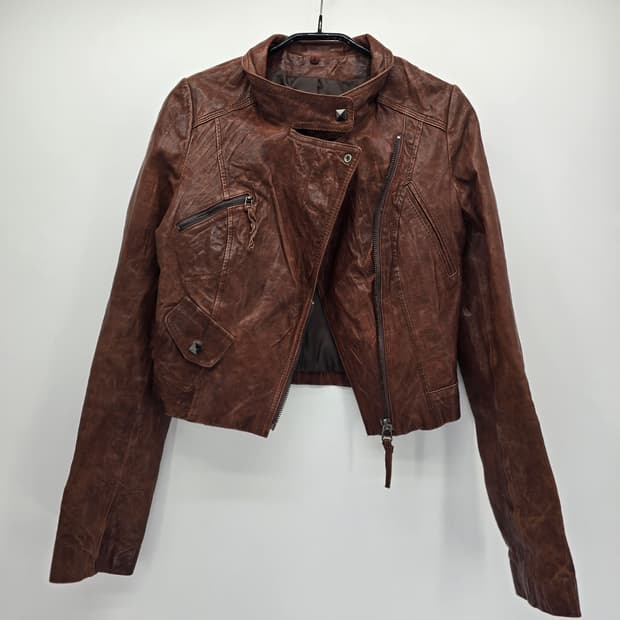 브라운 레더 크롭 라이더 자켓 XS