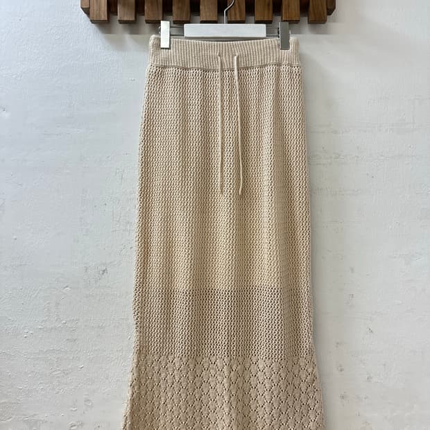 일본빈티지 아이보리 썸머 니트 레이스 짜임 밴딩 롱 스커트 