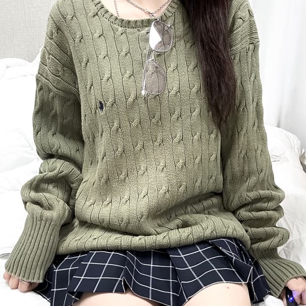 폴로 네이비포니 카키 케이블니트