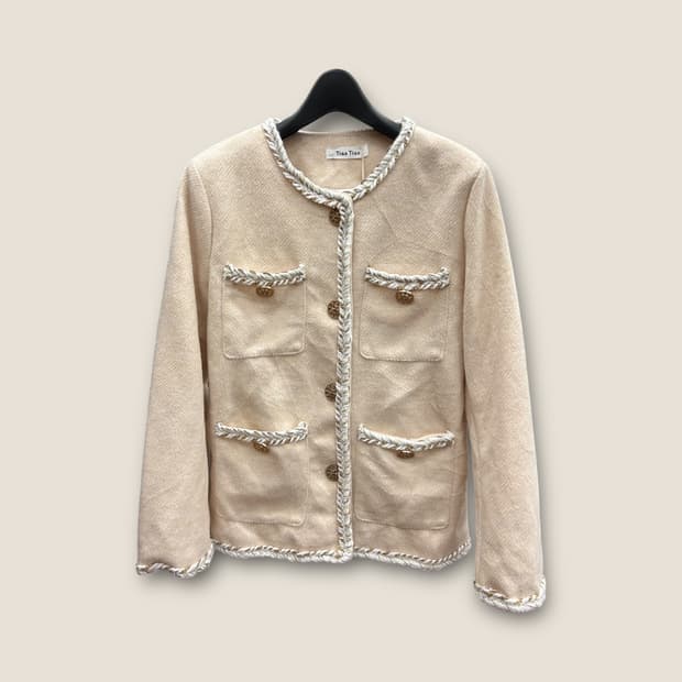 L001 아이보리 트위드 금장 노카라 자켓 size M (W)