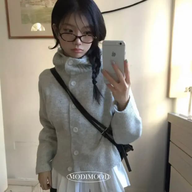 하이넥 니트버튼 후드 가디건