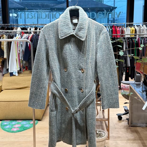 이세이미야케 블루 더블 벨티드 울 코트 