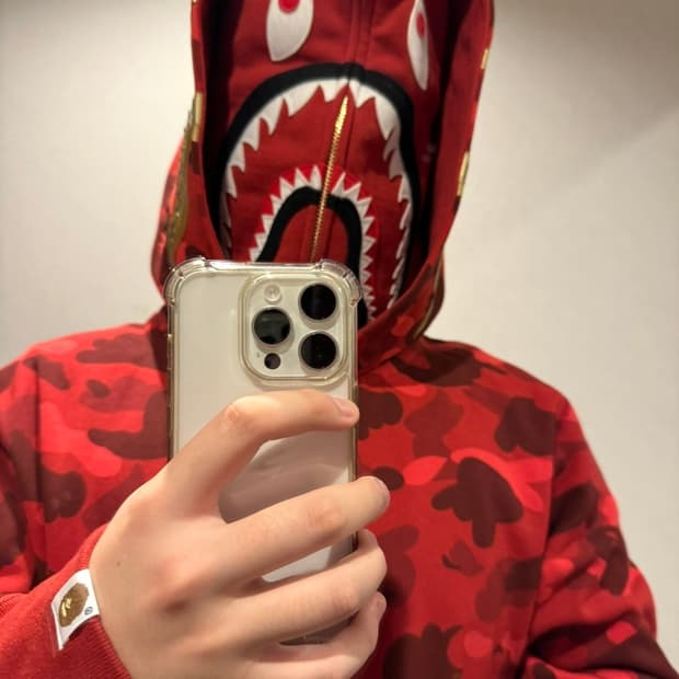 베이프 컬러 카모 더블 샤크 풀 집 후드 브라이트 레드